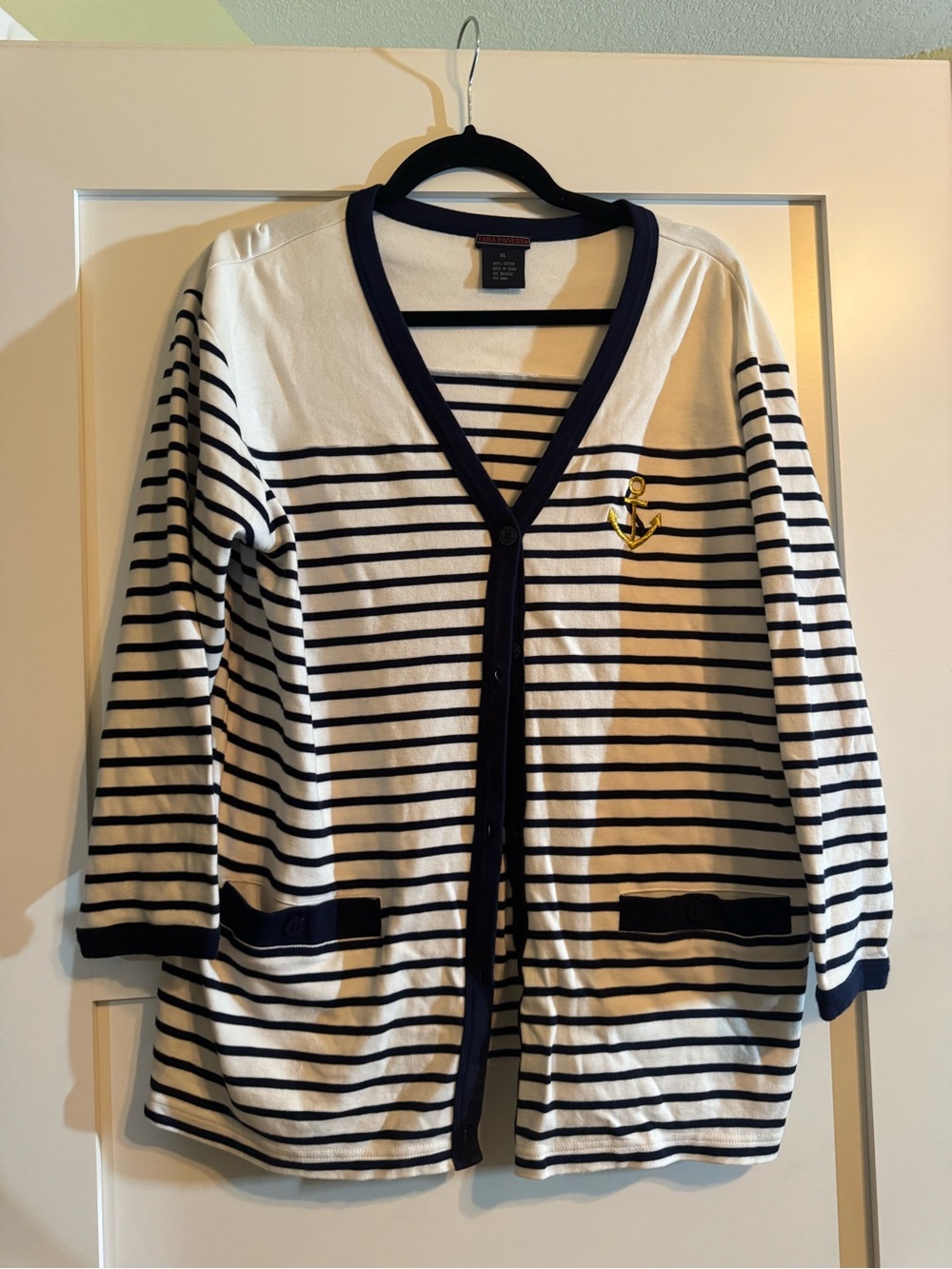 Striped Nautical Button-Front Cardigan - White & Navy